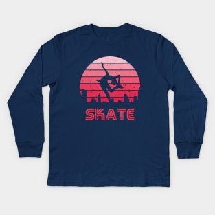 Retro Sunset Figure Skating Girl Kids Long Sleeve T-Shirt